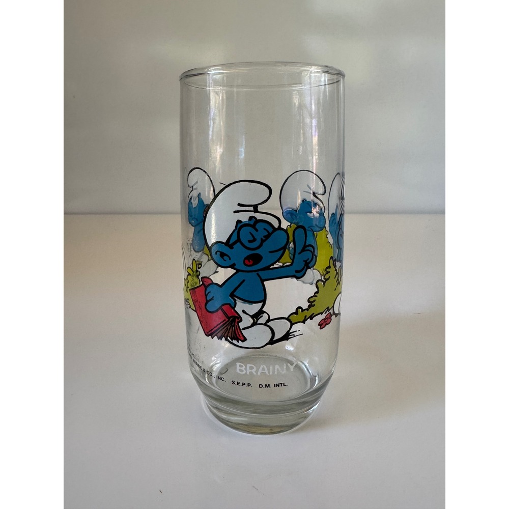 Vintage 1982 Brainy Smurf Drinking Glass Wallace Berrie Peyo 6 Inch Tumbler